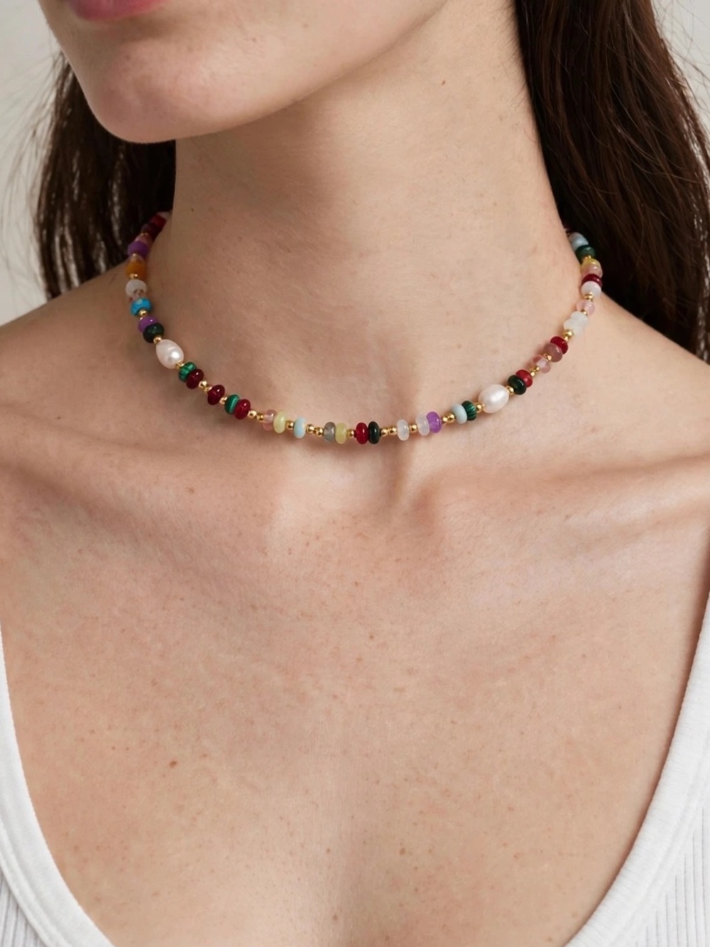 Colorful Beaded Stones Choker Necklace With Freshwater Pearl 15”